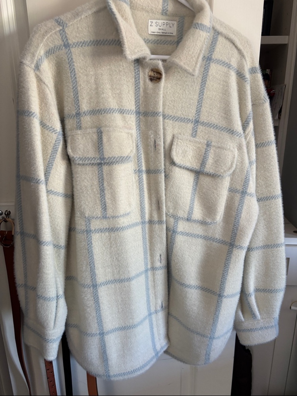Z Supply Cream Shacket with Pale Blue Windowpane Plaid